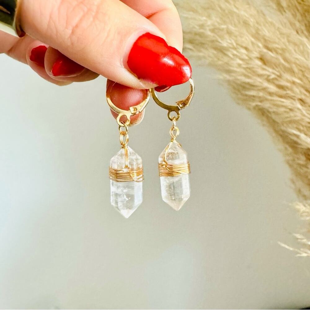 Clear Quartz Gold Handmade Boho Gemstone Crystal Hoop Earrings Hoops Jewelry
